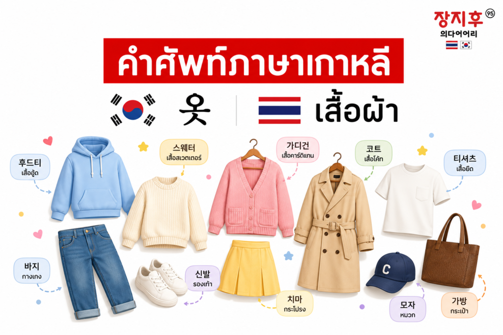 เสื้อผ้า ภาษาเกาหลี (옷) คำศัพท์ เสื้อผ้าและแฟชั่นในภาษาเกาหลี แปลว่าอะไร